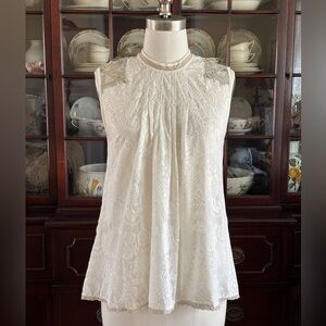 Anthropologie Pleated White Sleeveless Lace Top with metallic lace accents